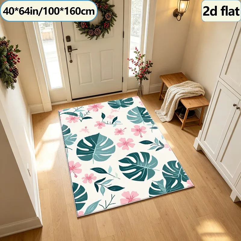 Pink Hibiscus Flower Monstera Leaf Tropical Carpet Flooring Square Area Rug Non-Slip Washable Floor Carpet for Entryway Bedroom Home Decor view 3