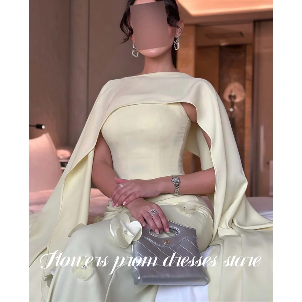 

Flowers Butter Yellow Prom Dresses Off the Shoulder Evening Dress with 3D Floral Party Dress Slim Fit Robe De Soirée Customized
