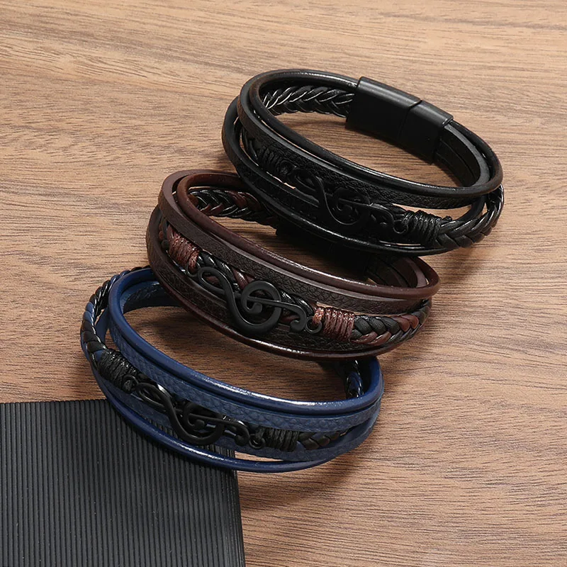 Music Symbol Charm Bracelets for Men Women Multilayer Leather Bracelet Bangle Hiphop Rock Leather Wristband with Magnetic Clasp