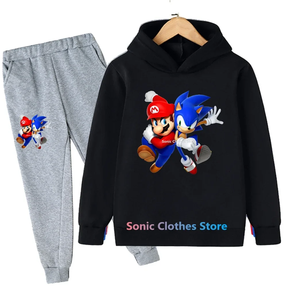 Nowe ubrania dla dzieci chłopcy dziewczęta Sonic bluza z kapturem zestaw 2 szt. Zestawy wiosna jesień maluch Cartoon z kapturem + spodnie dres 3-14y