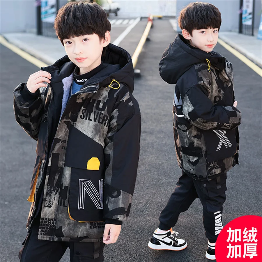 Winter Boy Coat Baby parka Hooded Cotton Plus Velvet Thicken Warm Camouflage Jacket Children Outwear Kids Clothes boys clothing