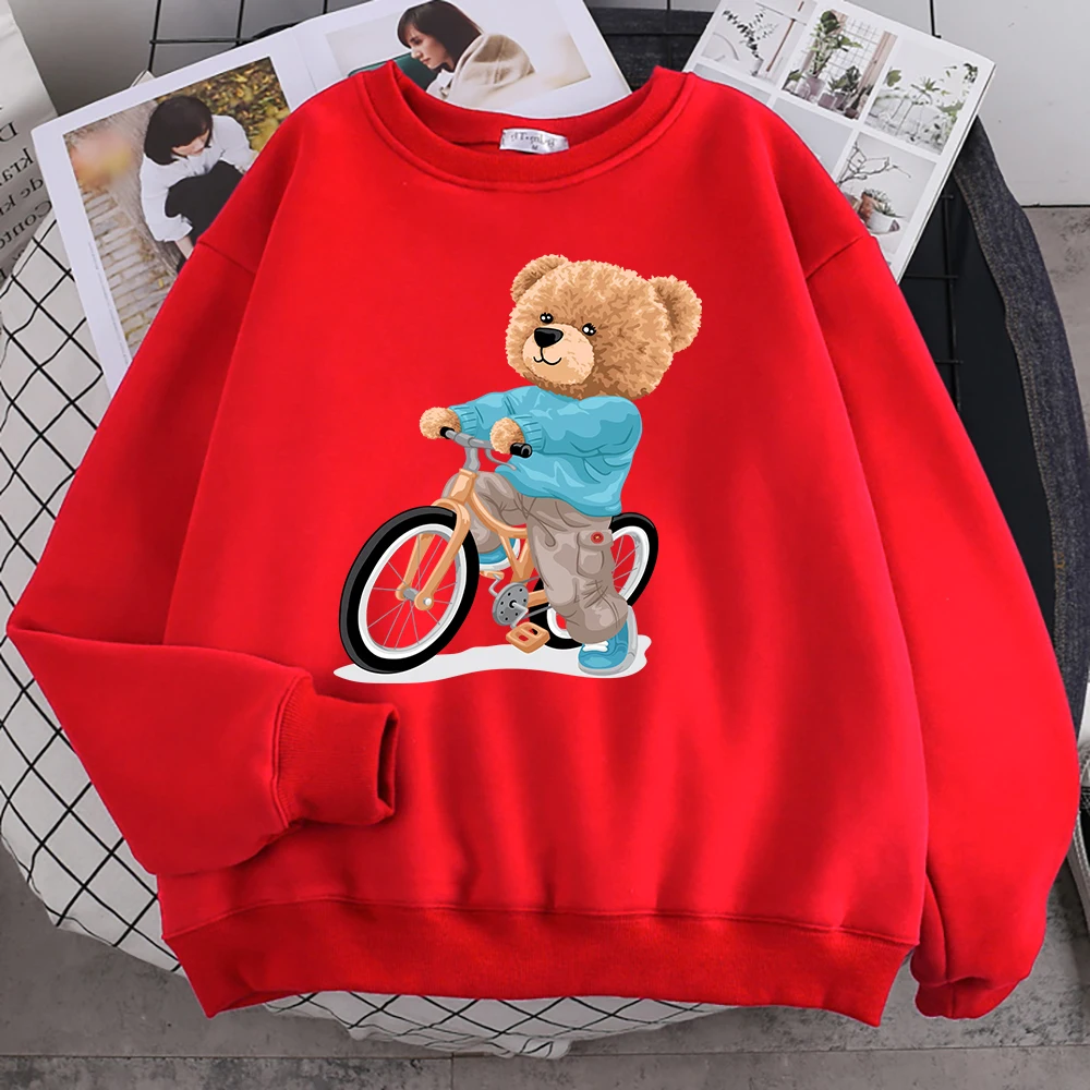 Autumn Woman Pullover A Teddy Bear Wearing A Sweater And Riding A Bicycle Print Hoody Fleece Soft Sweatshirt Loose Warm Tops