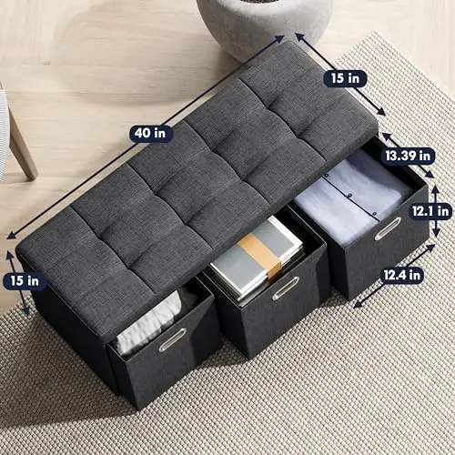 

Foldable Tufted Linen Large Long Bench Ottoman Foot Stool Seat with 3 Drawer Cubes - 15" x 40" x 15", Black Wiggle stool Cow