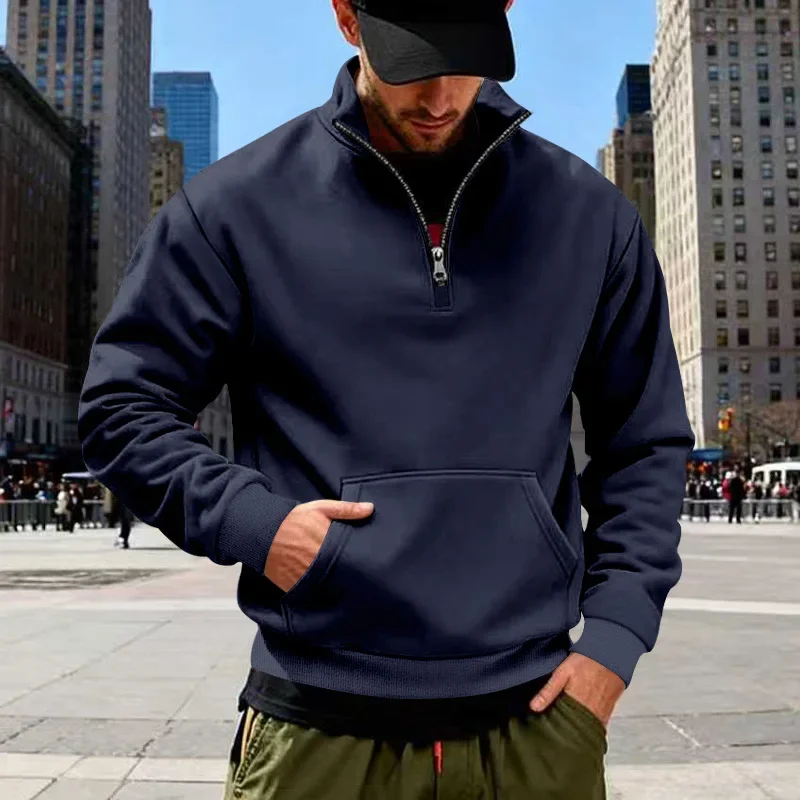 Cross-border Autumn And Winter Velvet Heavyweight Men's Loose Retro Casual Stand-up Collar Half Zipper Commuter Pocket Sweater