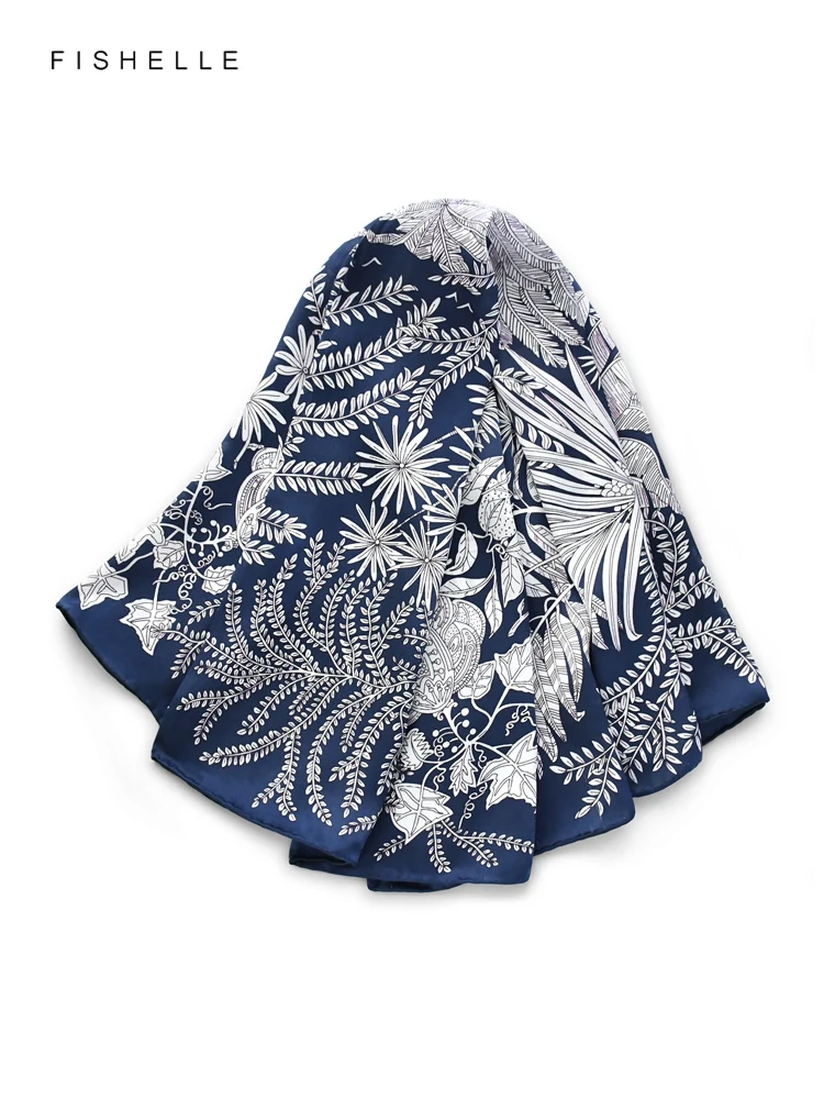 Deep blue tropical plants100% natural silk scarf square head scarves luxury gift women wrap bandana hijab shawl 90cm neckerchief