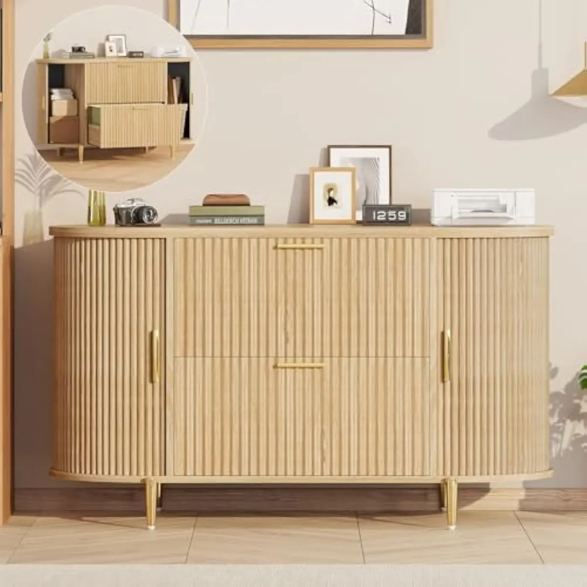Slender engineered wood file cabinet with two full-extension drawers for A4/Letter/Legal documents plus dual curved sliding stor