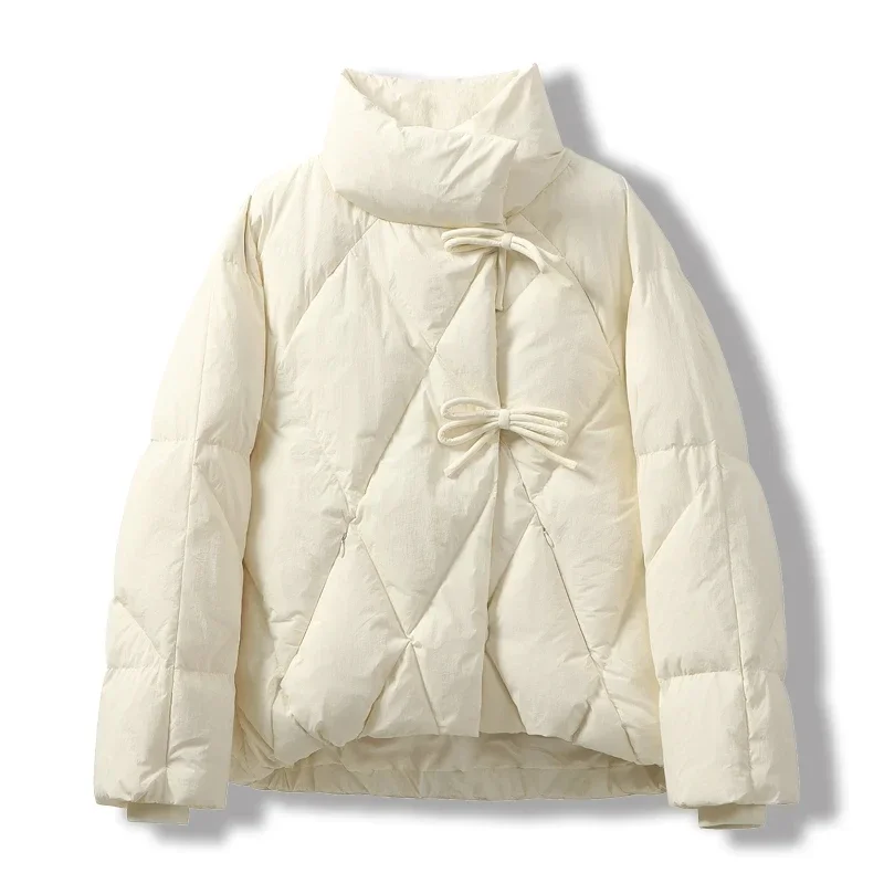 

Шикарное элегантное осенне-зимнее женское пальто на белом утином пуху, повседневная женская верхняя одежда с воротником-стойкой и бантом, женская однотонная куртка-парка-пуховик