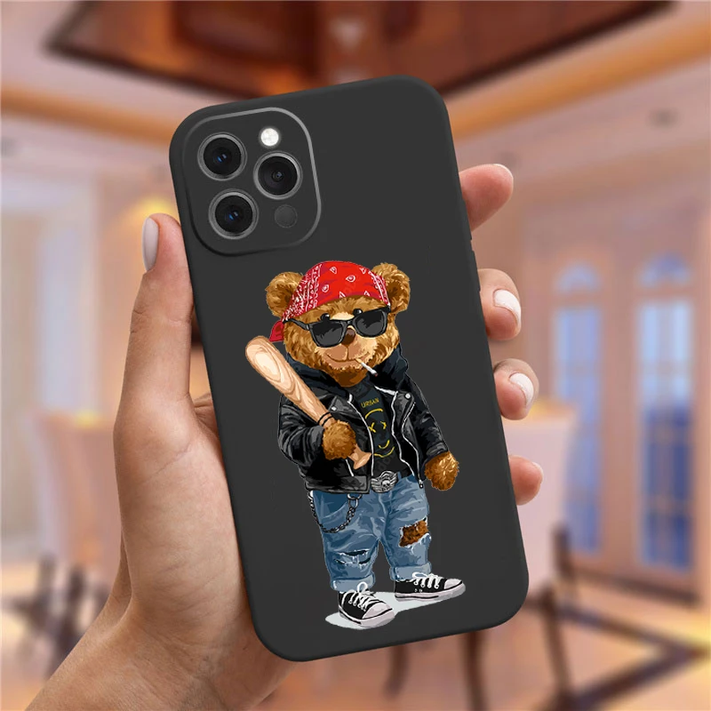 Fashion Brand Bear Phone Case For iPhone 16 Pro 11 12 13 14 15 Pro Max XR XS Max 16Plus Cute Black frosted Cover Trend Fundas