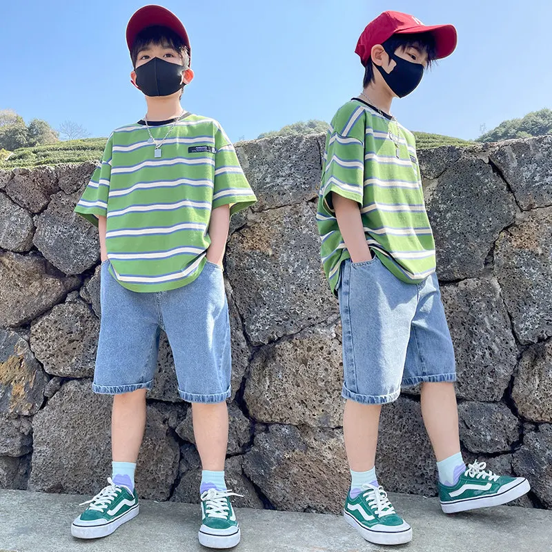 New Summer Kids Boys T Shirt+Shorts 2pcs Clothing Sets Children's Sport Suit Teenager Boys Korean Loose Tracksuits 5 To 14Years