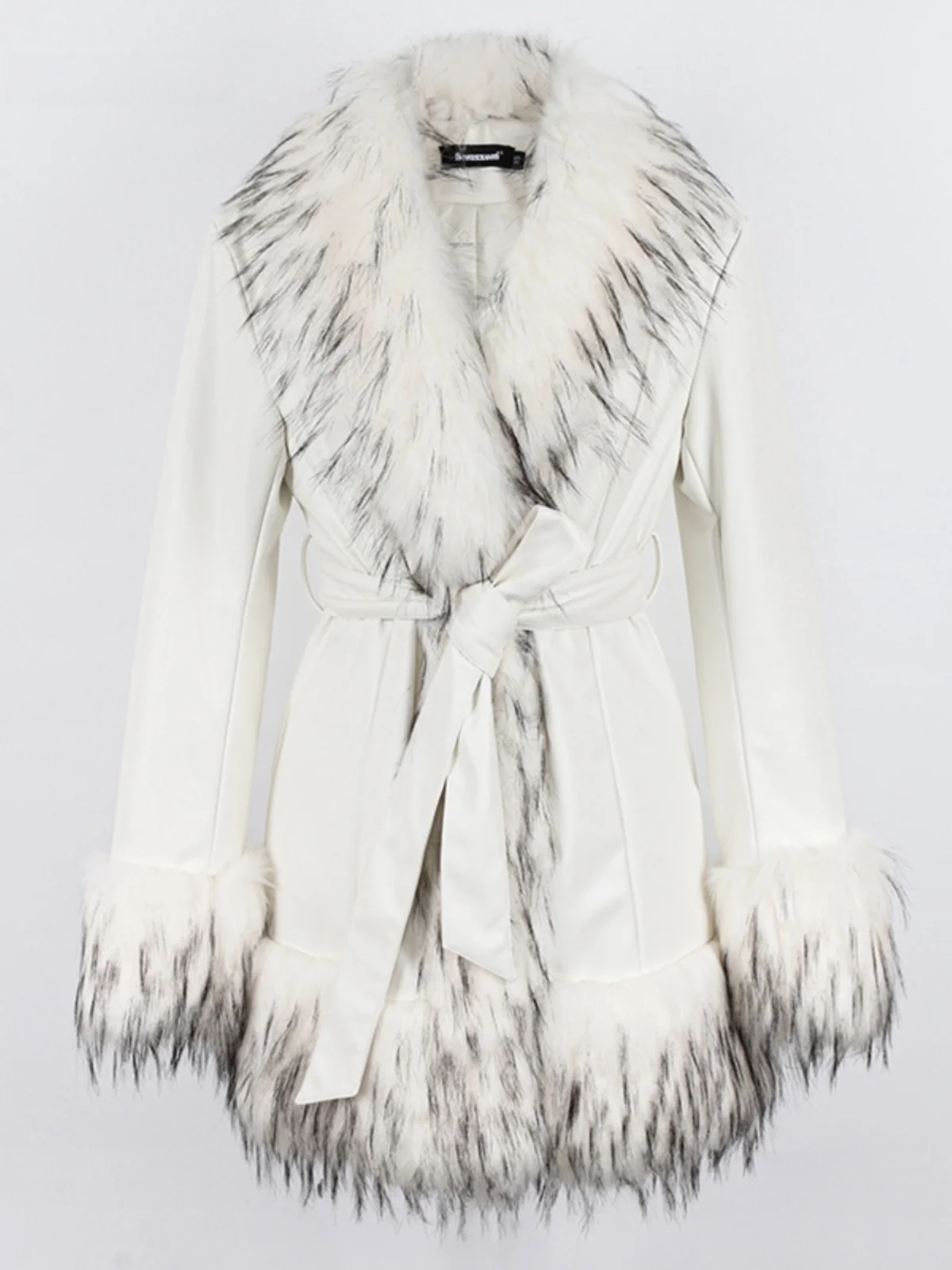 

Nerazzurri Women's Thickened PU Leather Jacket White Cotton Filled Waist-Cinching Coat with Fur Collar for Winter Fashion