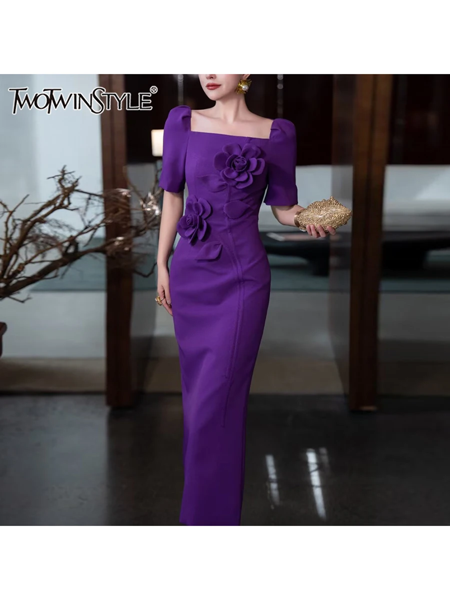 

TWOTWINSTYLE Solid Patchwork Appliques Slimming Dresses Square Collar Long Sleeve High Waist Elegant Dress Female Fashion New