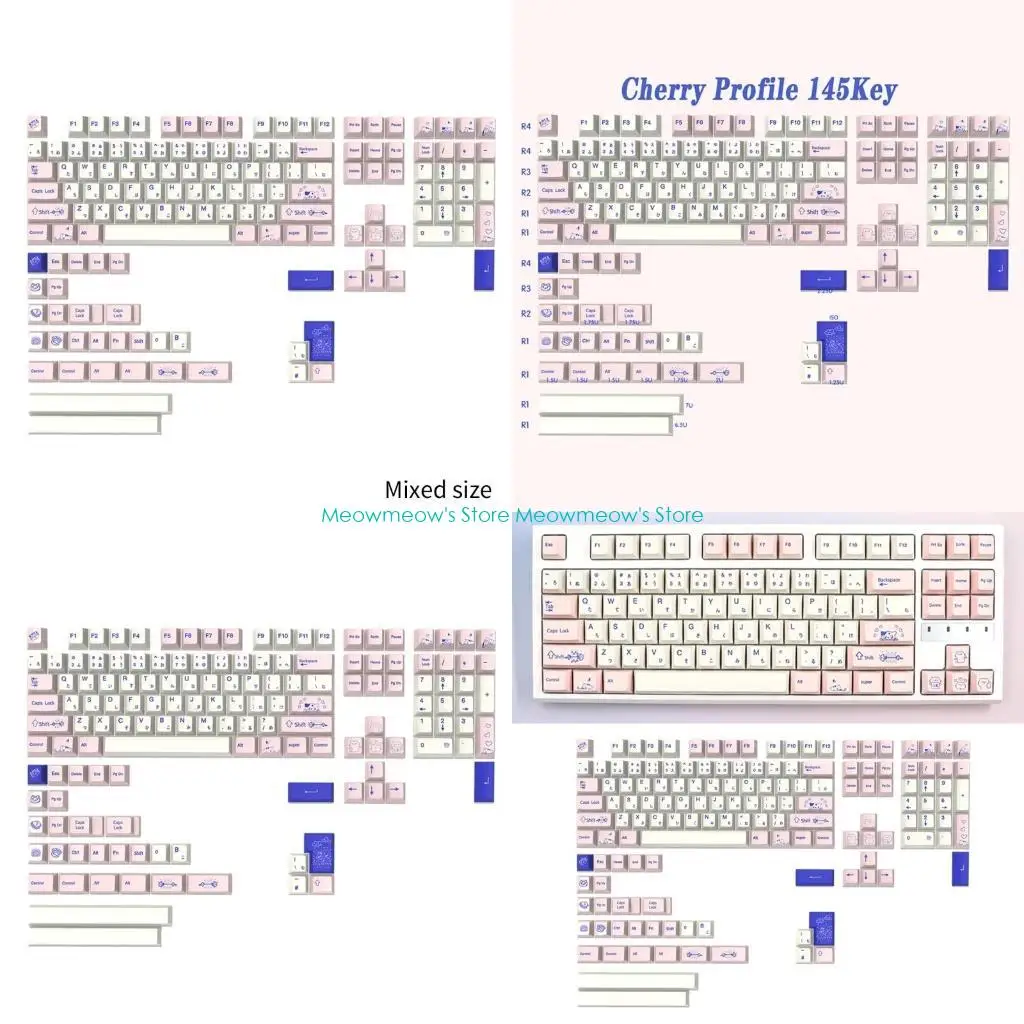 W91A PBT Keycaps 145 Keys Pussycat Theme CherryProfile Keycap for Mechanical Keyboard