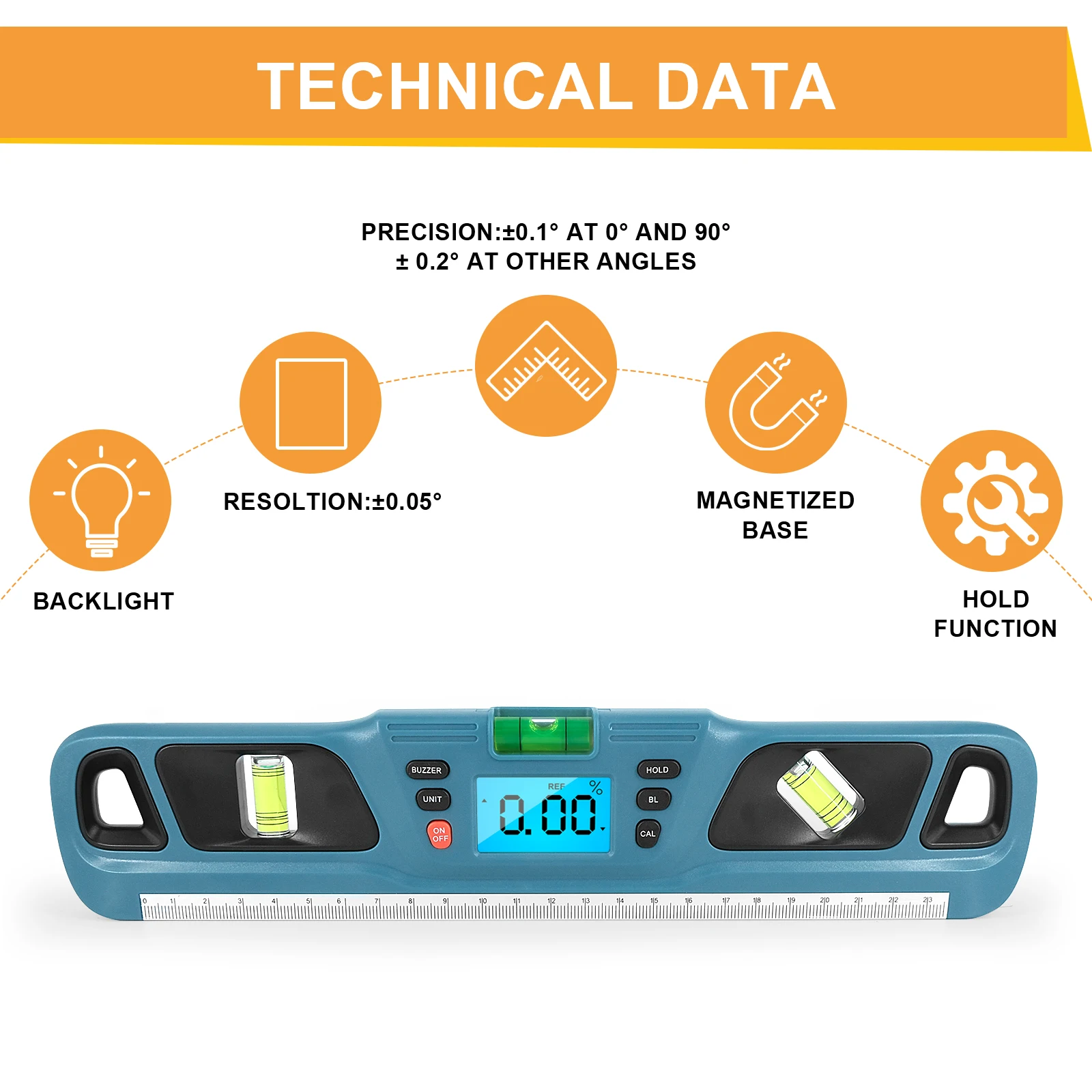 HW-200 Digital Level Protractor Inclinometer Electronic LED Display Measuring Tool Instrument Magnetic Base Spirit Level Gauge