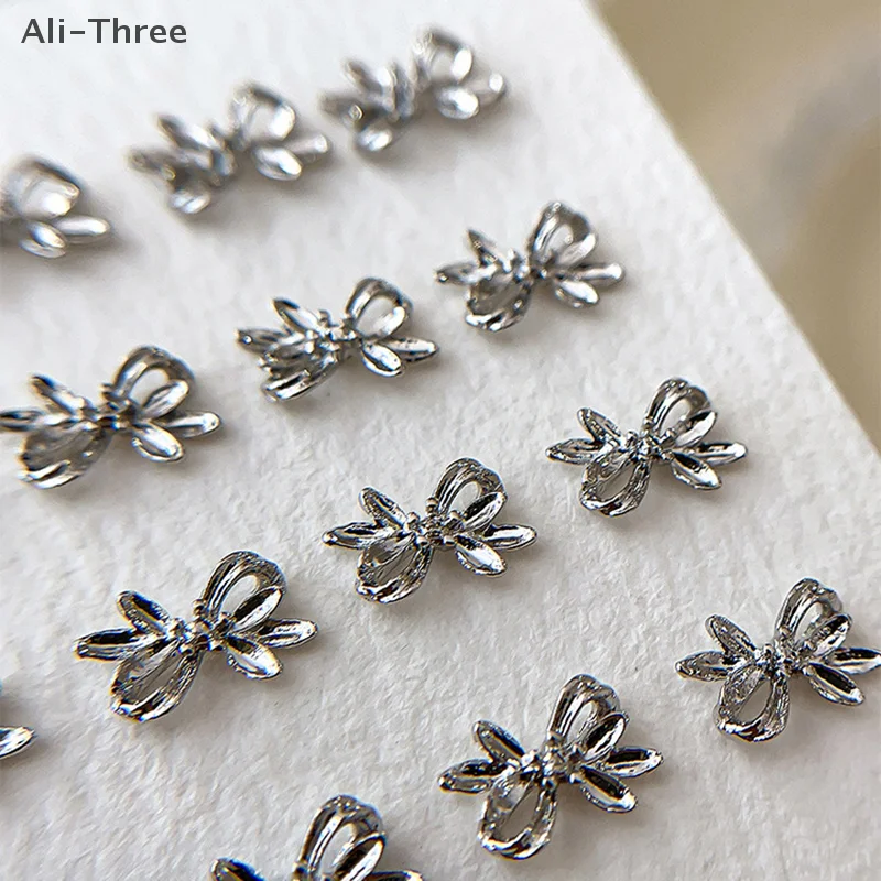 20 pezzi in lega d'argento con fiocco per unghie, nastro di lusso, ali di farfalla, metallo, nail art, strass, decorazione, accessori per manicure