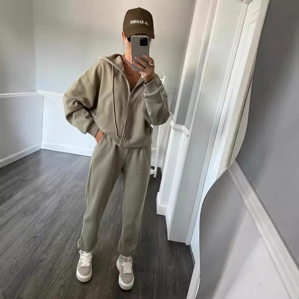 

Autumn Women's Tracksuit with Zipper and Trousers Gary Casual Two Piece Set Women Casual Yellow Pant Sports Suit with A Hood