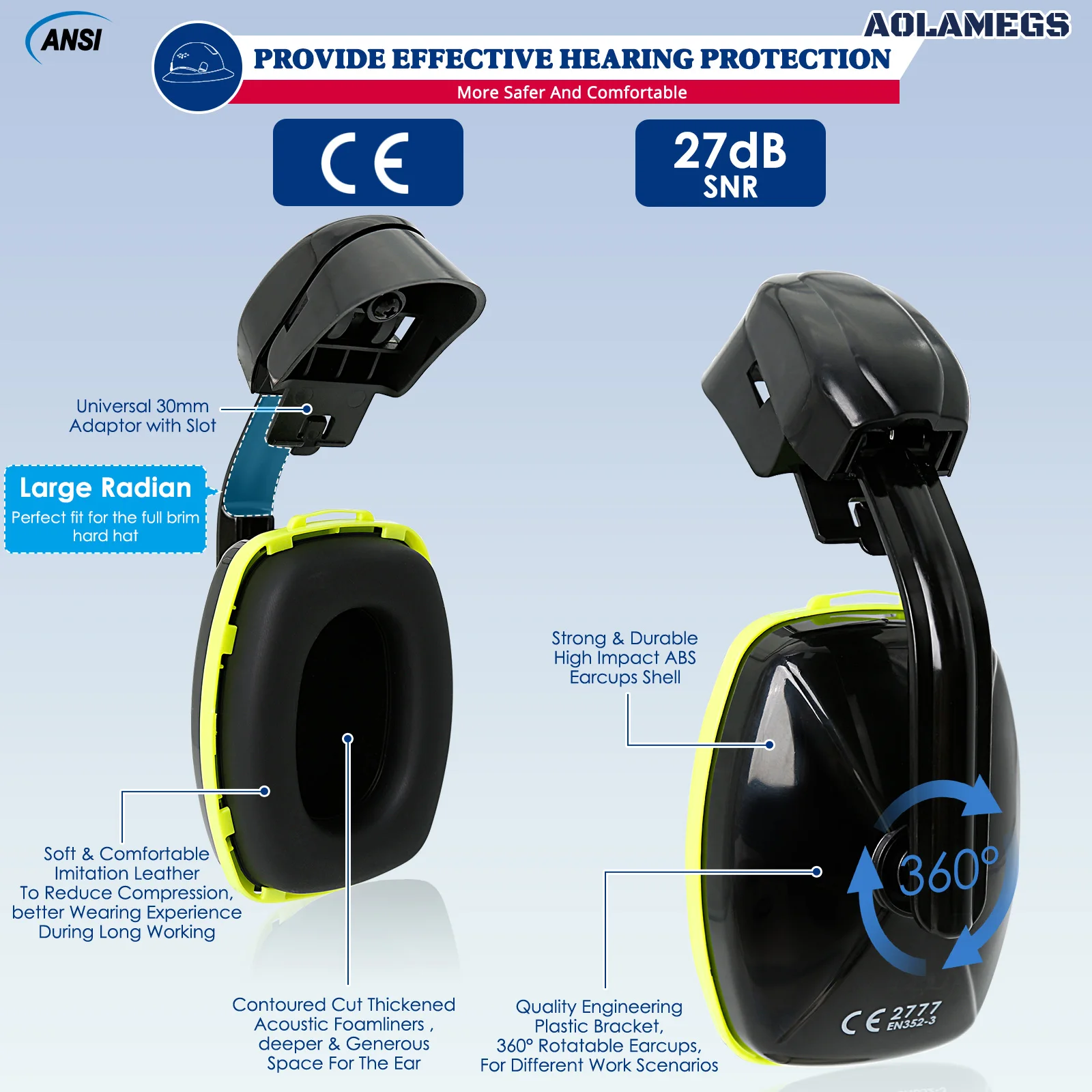 CE Full Brim Hard Hat W/ Built In Goggles Earmuffs Reflective Stickers ANSI Safety Helmets Construction Site Engineer Work Cap