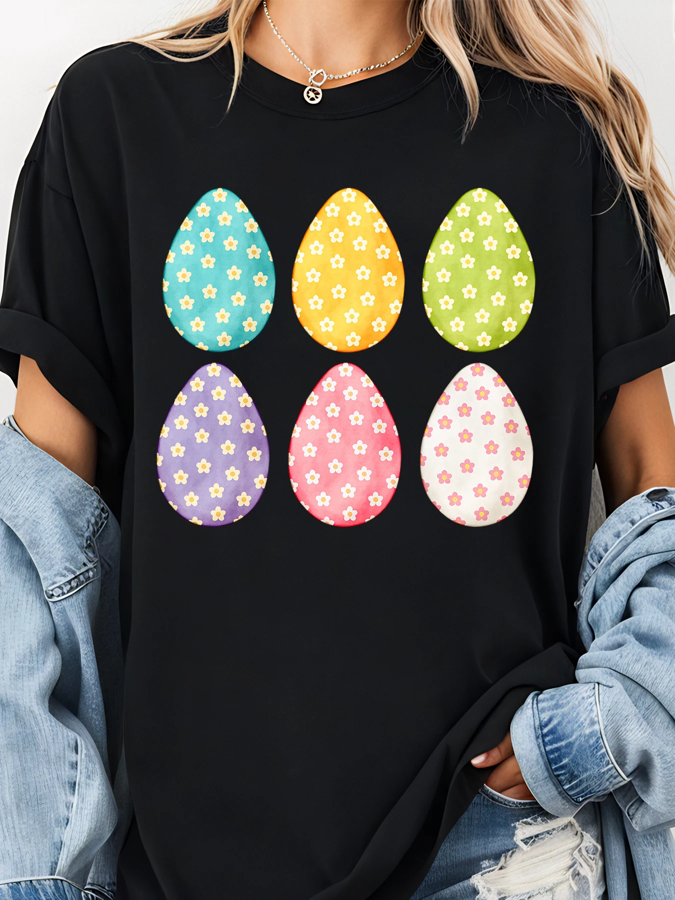 Camiseta con estampado de huevos de Pascua y estampado Floral para mujer, Top informal holgado, traje de primavera y verano