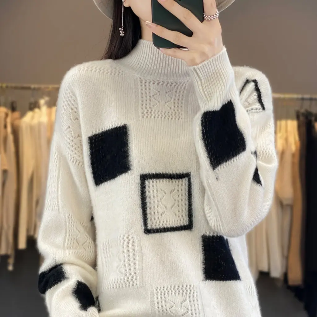 

Retro Color Block Woolen Sweater Spring Autumn Loose Lazy Style Half High Collar Overhead Simple Fashion Women's Top
