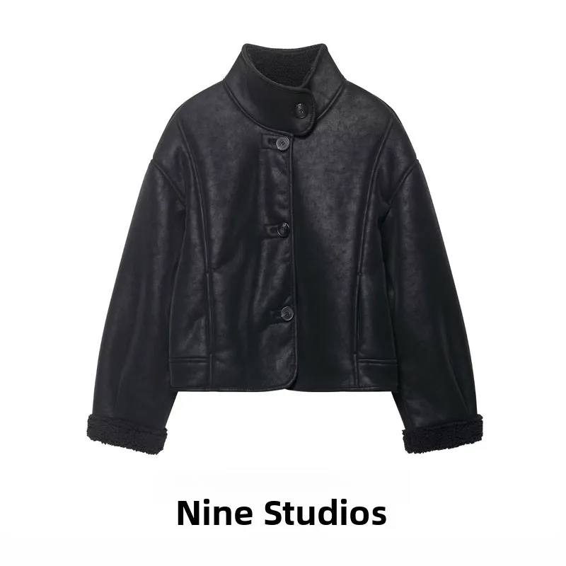 

Двустороннее пальто-туэт с высоким воротником, свободный крой, женская верхняя одежда с эффектом искусственной замши, теплая европейская одежда Long Sve Butt...