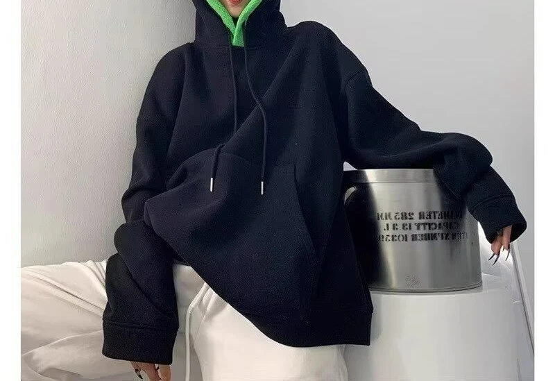 

2025 Autumn Winter New Thickened Fleece Orange Hooded Gray Contrast Loose Sweatshirt for Women