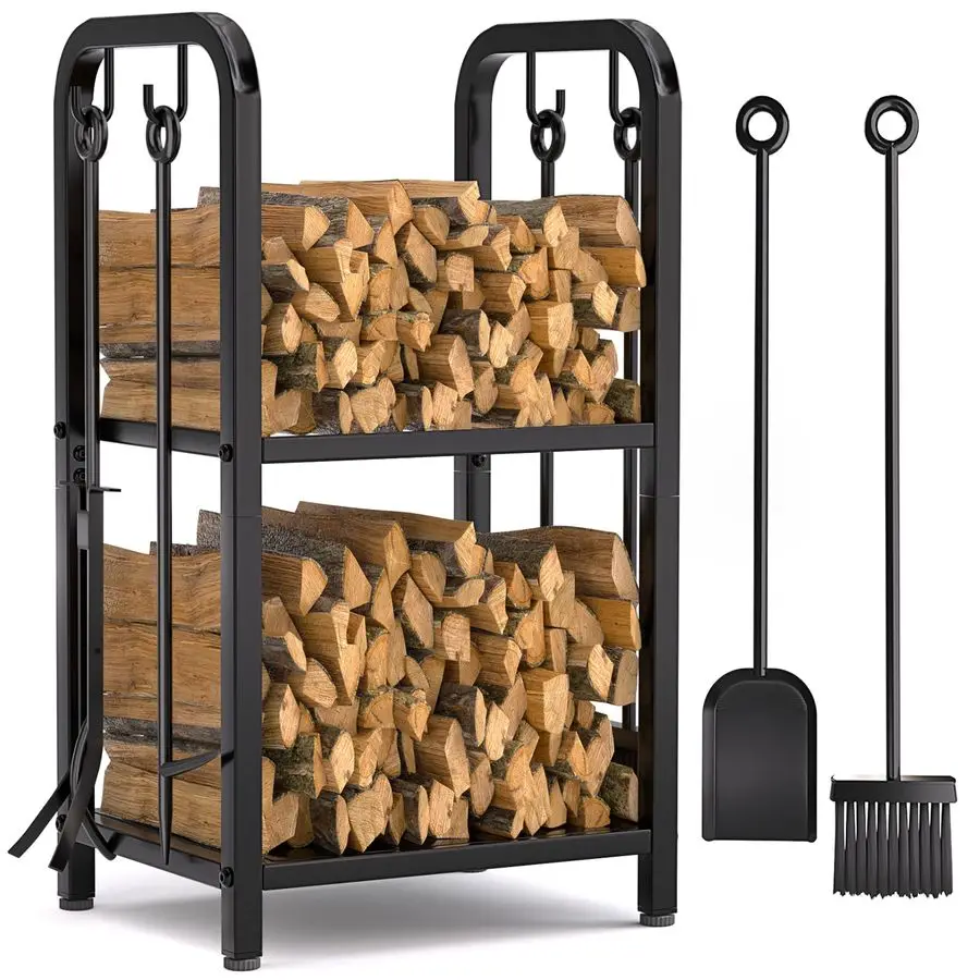 

Firewood Rack Indoor with 4 Pieces LongampDetachable Fireplace Tools, Heavy Duty Steel 2Tier Firewood Holder Storage, Log Rack f