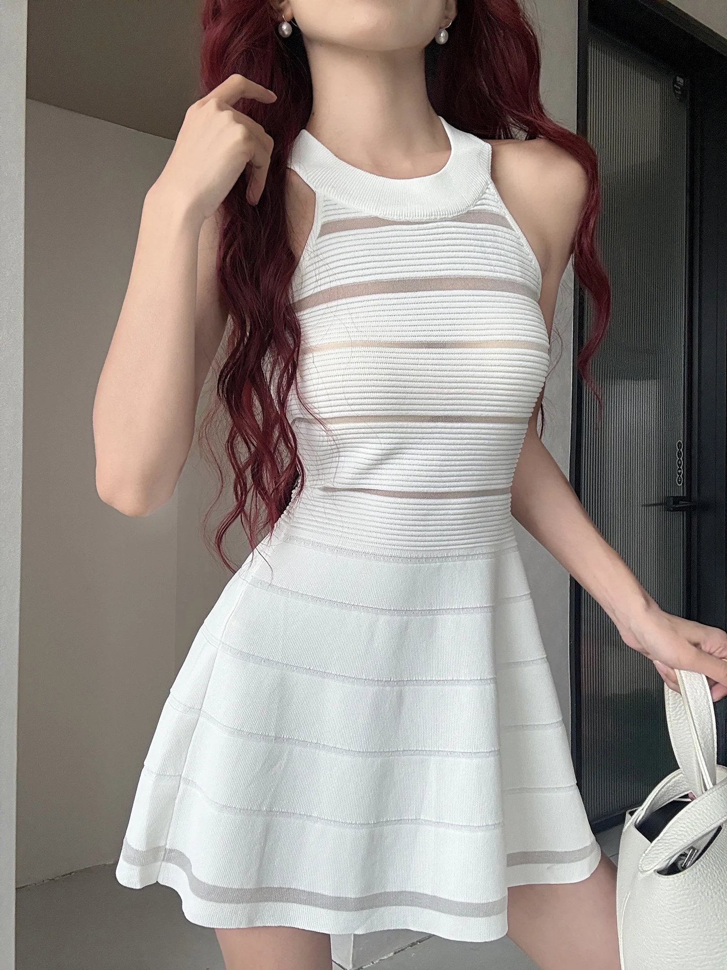 MianCun Knitted A-Line Dress Women's Sleeveless Hollow out Waist-Cinched Short Dress Casual Style Stripe Pattern Summer Fashion