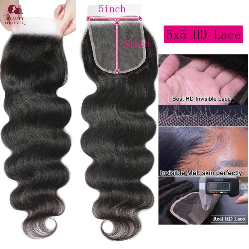 Bundles brésiliens de cheveux humains Body Wave avec Frmetds, fermeture à lacet HD 5x5, tissages de cheveux, 3 faisceaux, 4 faisceaux, grade 12A, optique, cheveux d'extrémité