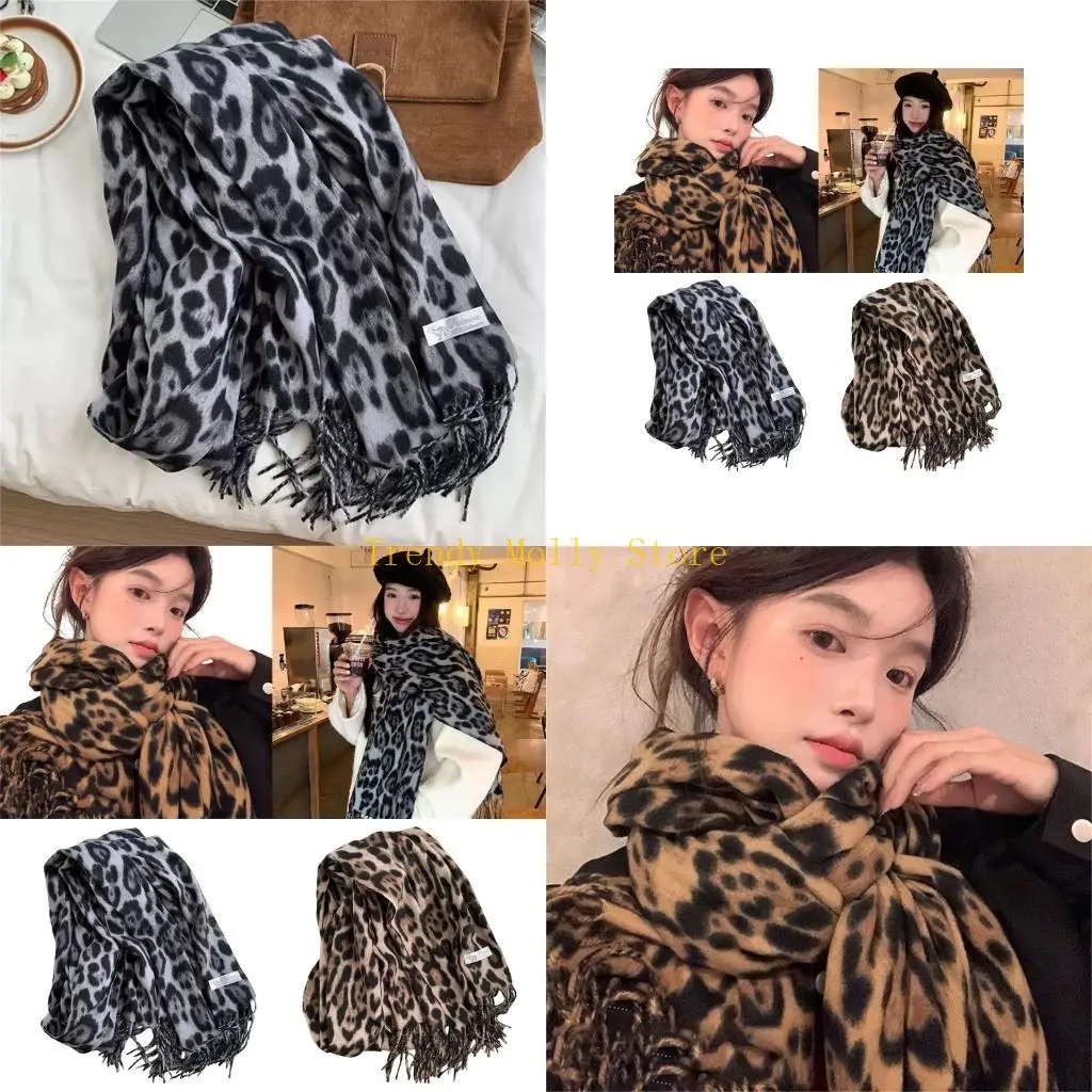 

N5KB Cozy Leopard Design Scarf Winter Shawl Women's Fashion Accessory With Fringe Trim Lightweight Wrap