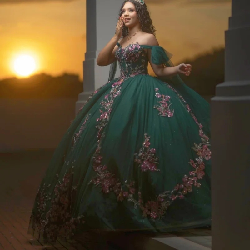 

Dark Green Quinceanera Dress off-shoulder Crystal Glitter 3D Flower Decal Long tail vestidos de 15 Quinceanera ﻿Customized