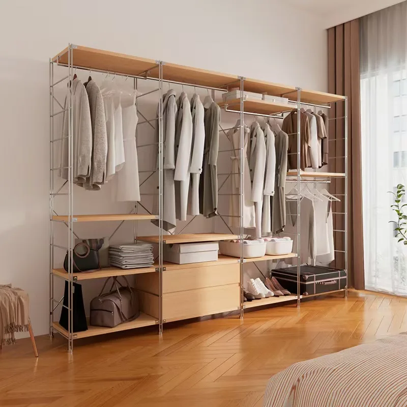 Home Open Wardrobe Bedroom Wrought Iron Hanging Hanger Steel Rack Log Wind Walk-in Cloakroom Minimalist Wardrobe