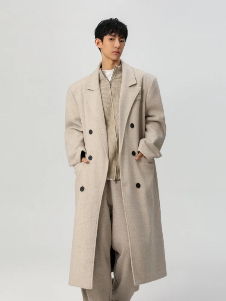 

Мужское шерстяное пальто 2025: Новинка, средней длины, утепленное, с отложным воротником, в британском стиле, ветрозащитное, модное, городское, однотонное