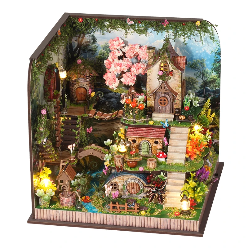 DIY Wooden Forest Castle Cottage Figurines Miniatures Bookend Assembled Houses Flower Casa for Friends Birthday Gift Home Decor