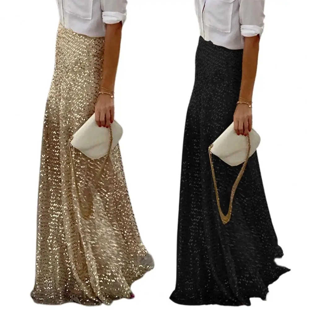 Elastic Waist Sequined Long Skirts Women Winter High Waist Black Faldas Korean Fashion Elegant Streetwear Shiny Pink Skirt