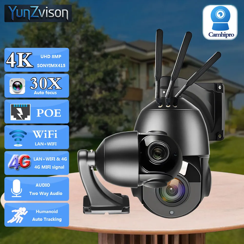 C-R 4K 8MP PTZ Dome Камера 30X Zoom Surveillance Vedio Wired POE&Wireless Wifi/4G SIM Card Two Way Audio IR 80M Human Tracking