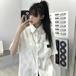 QWEEK Harajuku Blouse Women Vintage Streetwear Dragon Print White Shirt Oversized Short Sleeve Top Button Up Chinese Style Punk