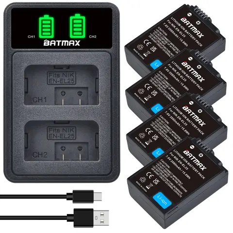 Batmax EN-EL25 Battery 2080mAh +LED Dual Charger with Type C Port for Nikon Z30,Z50, Z50 II,ZFC Camera Accessories