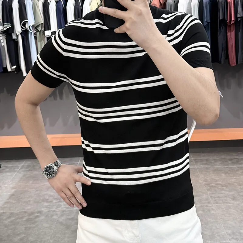 

Classic Striped Knitted T-shirt for Men Summer Lyocell Breathable Round Neck T-shirt Fashion Slim Fit Casual Business Tee Tops