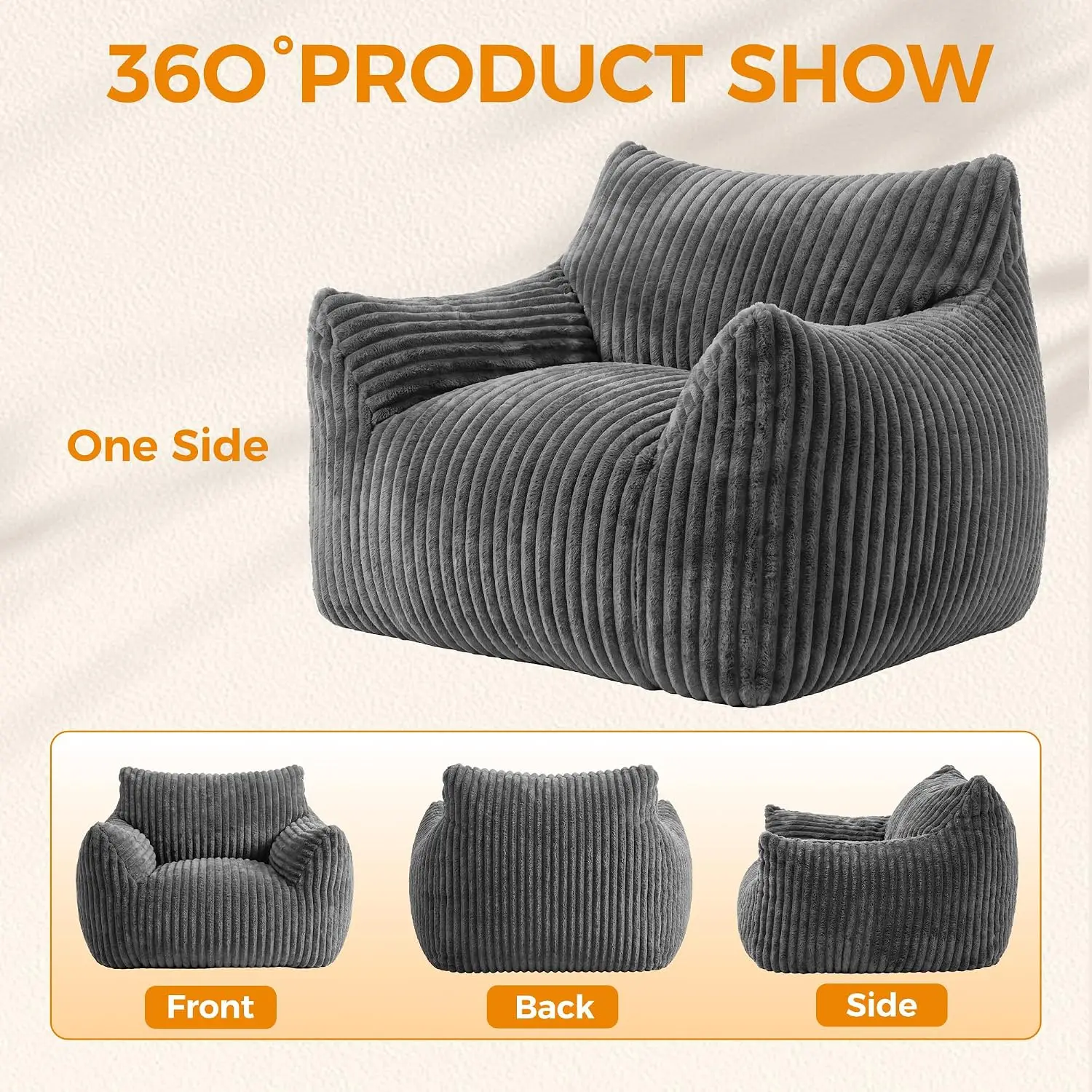Bean Bag Chair, Comfy Bean Bag Sofa with Back Support | Corduroy Bean Bag Chair for Adults and Kids, Stuffed Floor Sofa