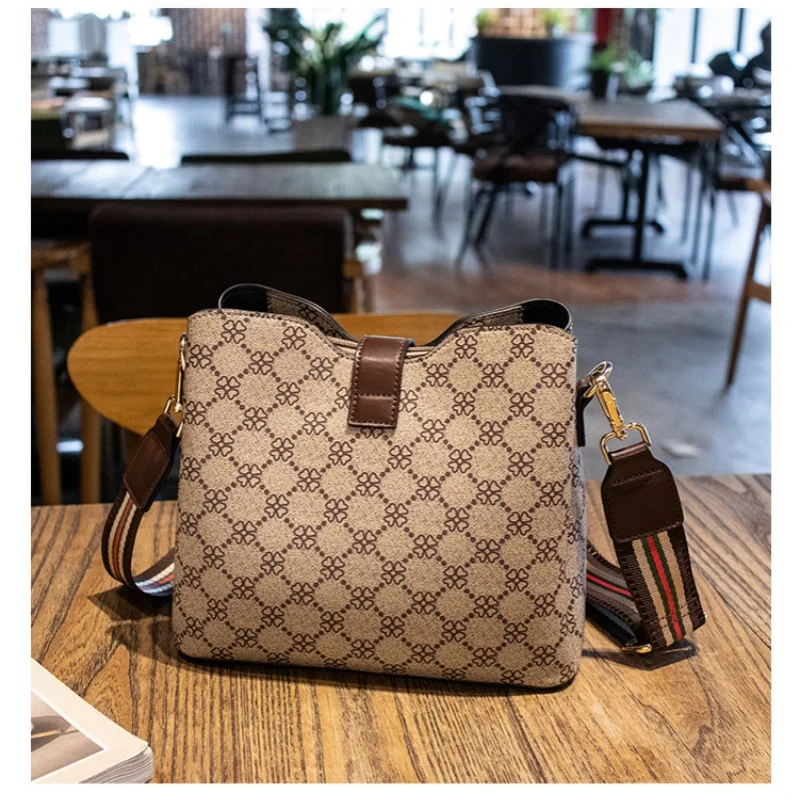 Women's Crossbody Handbag Monogram Pattern Canvas with Brown Leather Trim