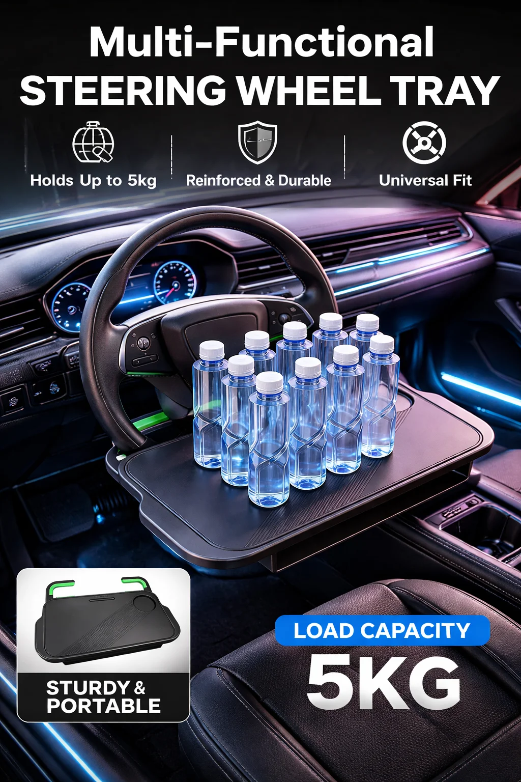 

Multi Functional Steering Wheel Table Board Car Steering Wheel Desk Tray Foldable Portable Driver Workstation for Travel &Dining