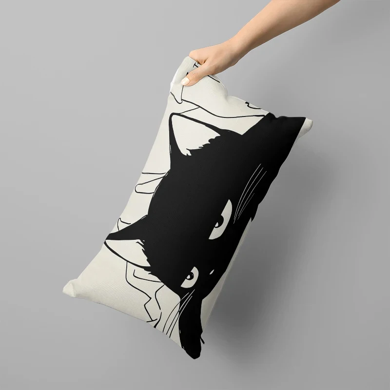VIKAMA Lazy Black Cat Pillow Cover Cartoon Kitten Decorative Cushion Case for Kids Room Bedroom Sofa Home Decor