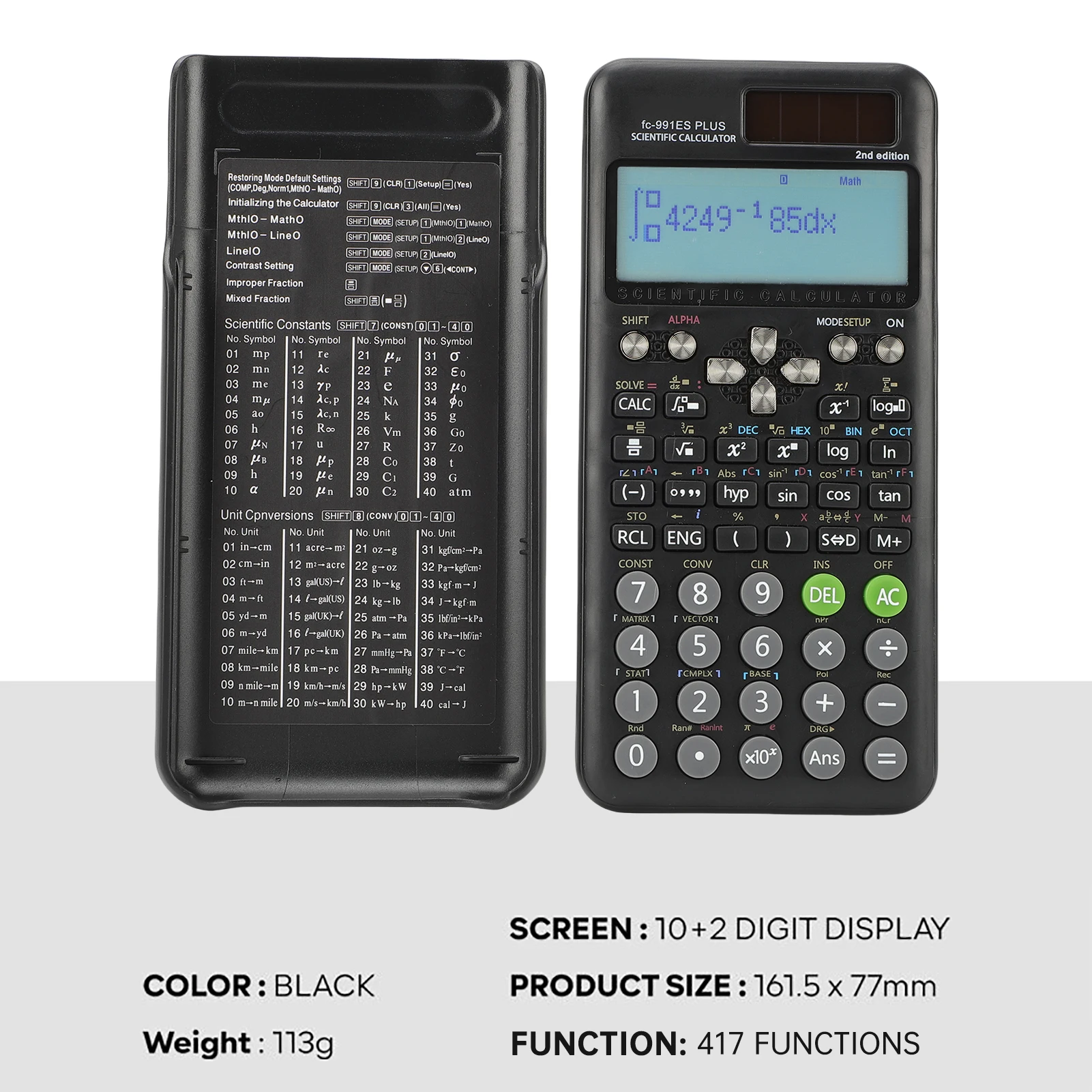 الآلات الحاسبة العلمية آلة حاسبة الرياضيات مع 417 وظيفة 10 + 2 أرقام عرض إمدادات الطاقة المزدوجة مثالية لطلاب المعلمين