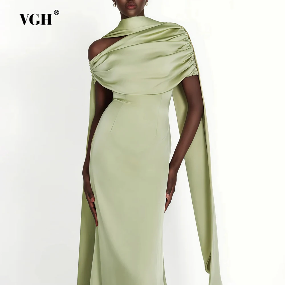 

VGH однотонные элегантные утягивающие вечерние платья для женщин с диагональным воротником и коротким рукавом с высокой талией, весеннее темпераментное платье, женское новое