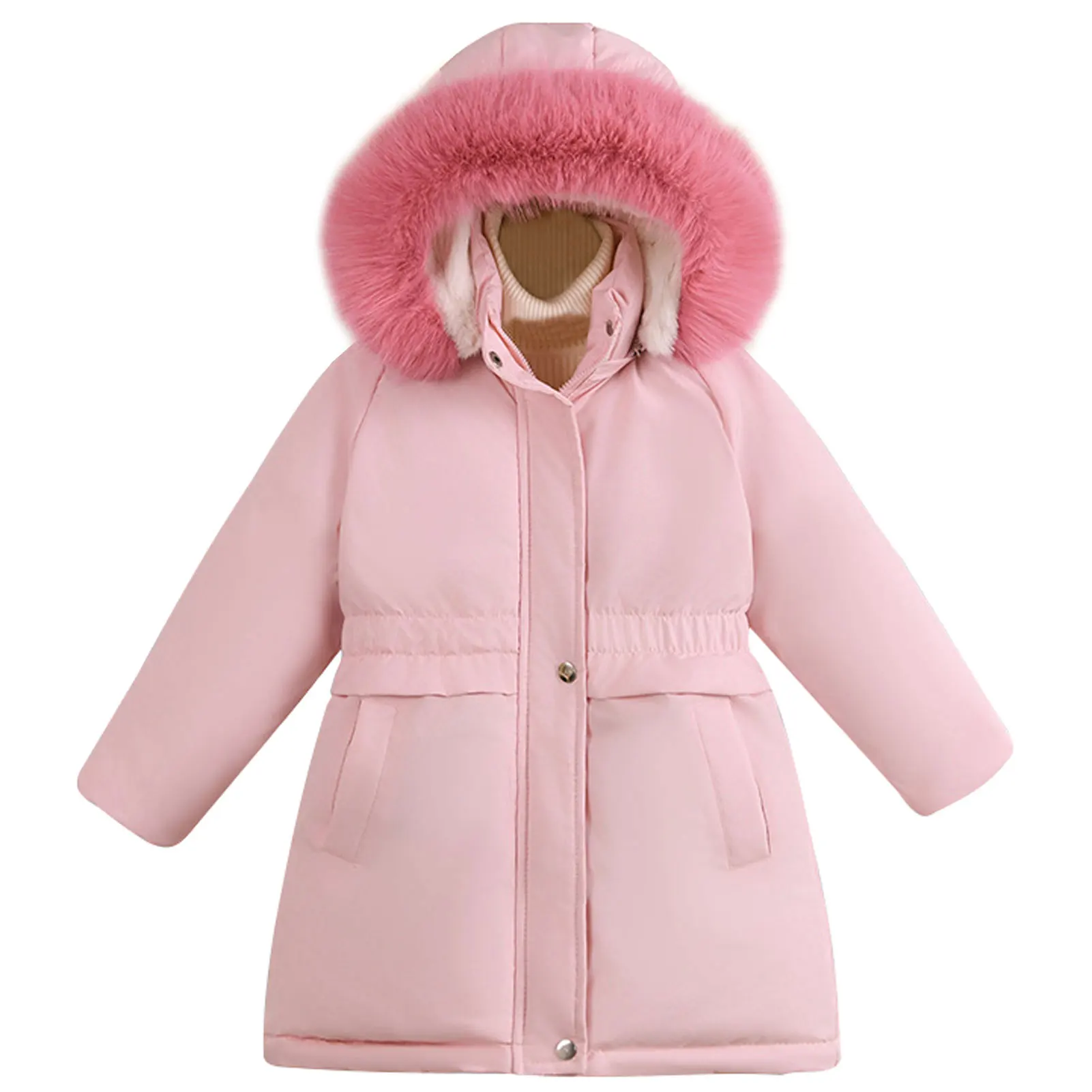 Girls Cotton Parka,Solid Color Hood Winter Jacket,Kids Puffer Coat,Children's Warm Overcoat,Fleece Lining Thick Down Outerwear