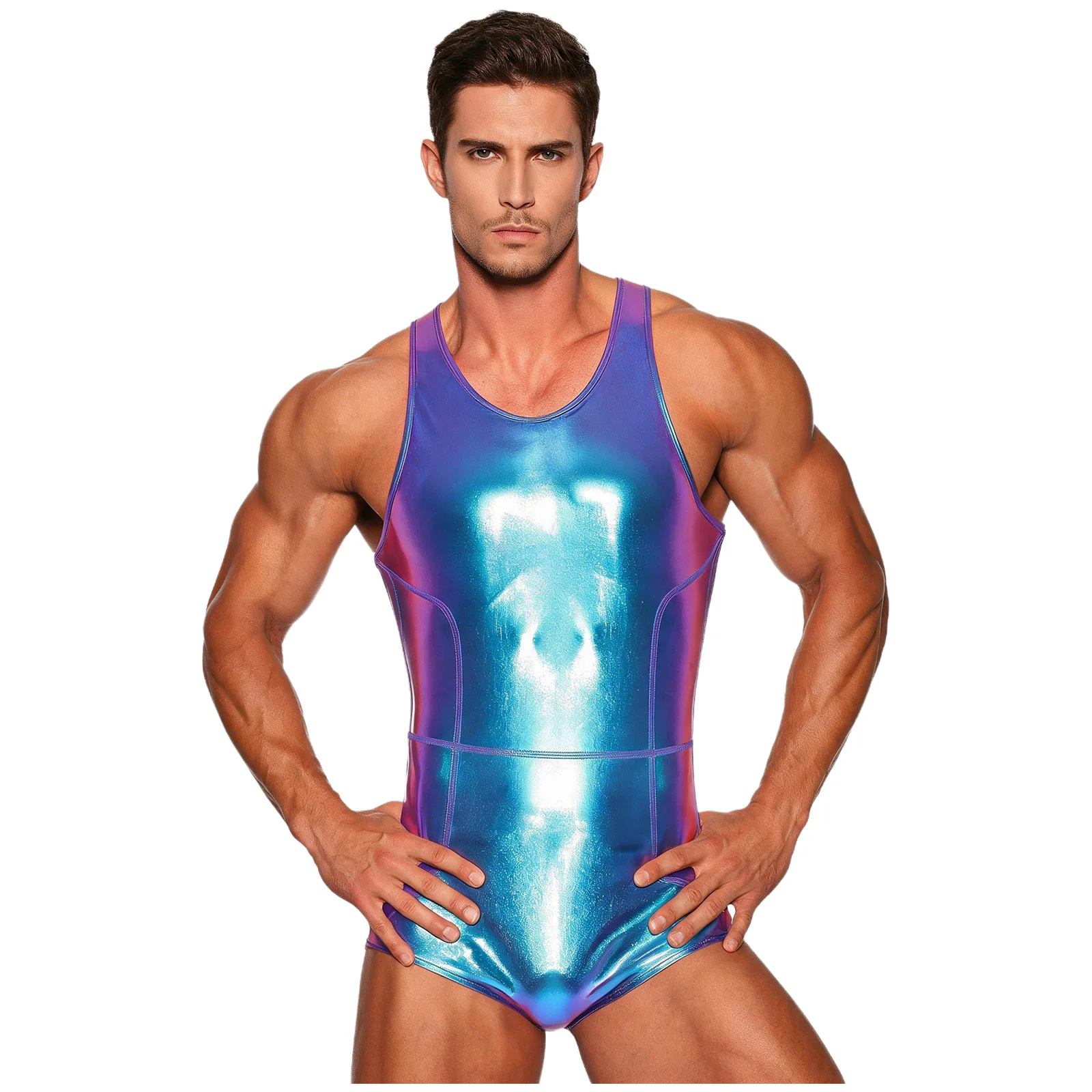 Herren-Badeanzug mit metallischem Glanz, Rundhalsausschnitt, ärmellos, einteiliger Badeanzug, Shorts, Reißverschluss hinten, Badeanzug, Clubwear – Detail 14