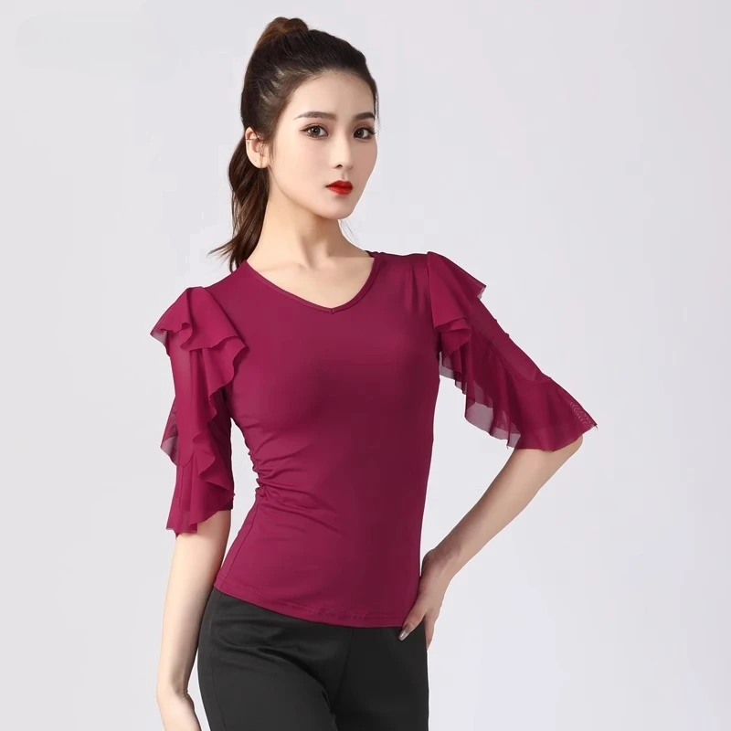 

Топ для латинских танцев, женская новая одежда для современных танцев для взрослых, национальный стандарт, одежда для соревнований с v-образным вырезом