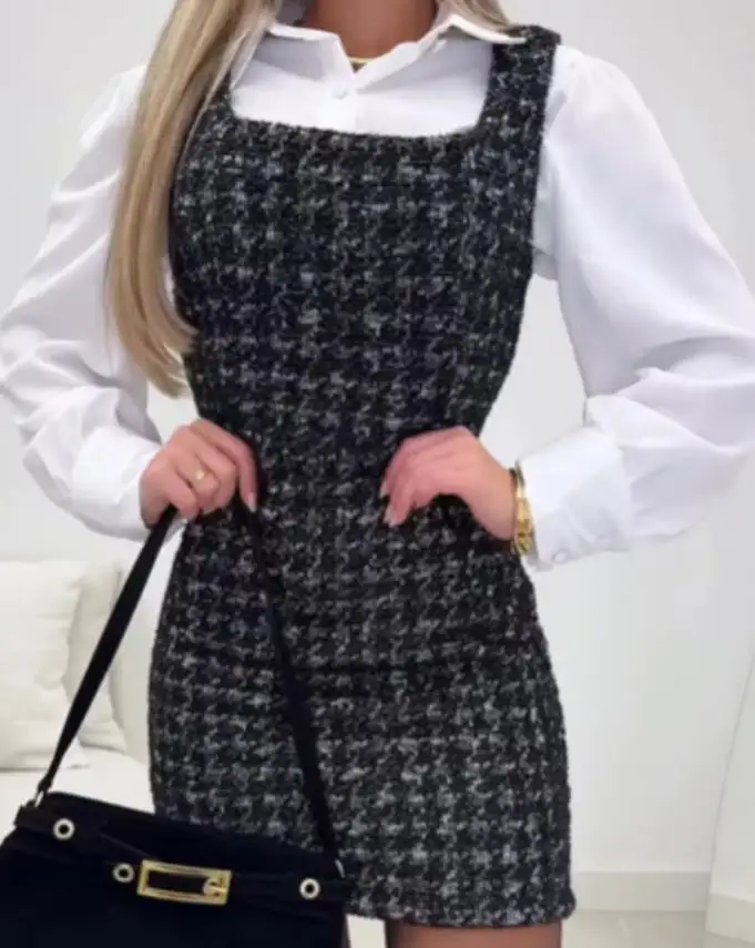

French Style Vintage Dresses for Women Wear Square Neck Thick Strap Zipper Back Tweed Dress Women's Elegant Slim Suspender Dress