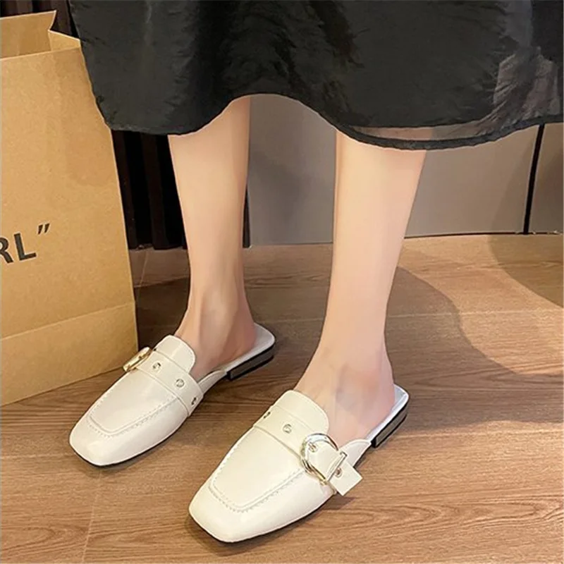 Square Toe Slippers Women Belt Buckle Ladies Shoes Summer Outdoor Mules Casual Shallow Slipper 2024 Solid Color Pantuflas Mujer