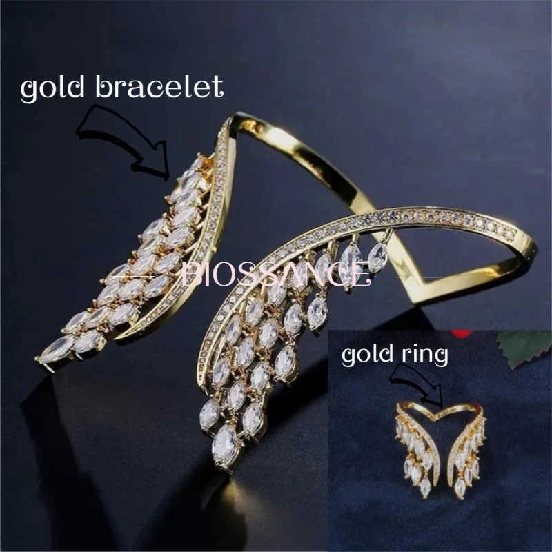 Biowoven New exquisite fashion wing cuff inlaid zircon bracelet ring set women's bridal fashion party wedding jewelry wholesale