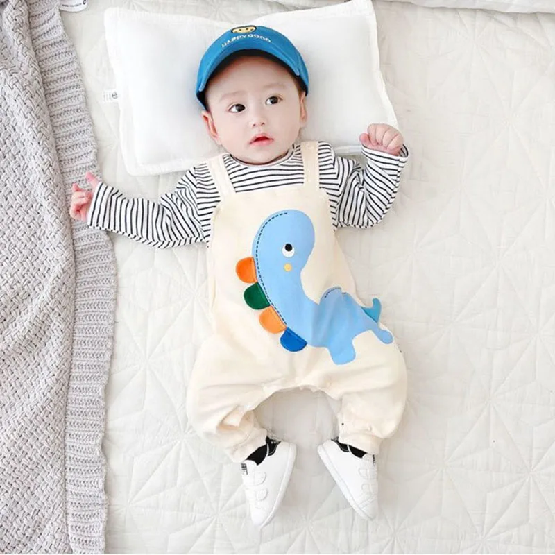 2024 Autumn Baby Clothes Newborn Jumpsuit Infant Boys False 2 Pcs Stripe Patchwork Romper Toddler Cartoon Dinosaur One Piece